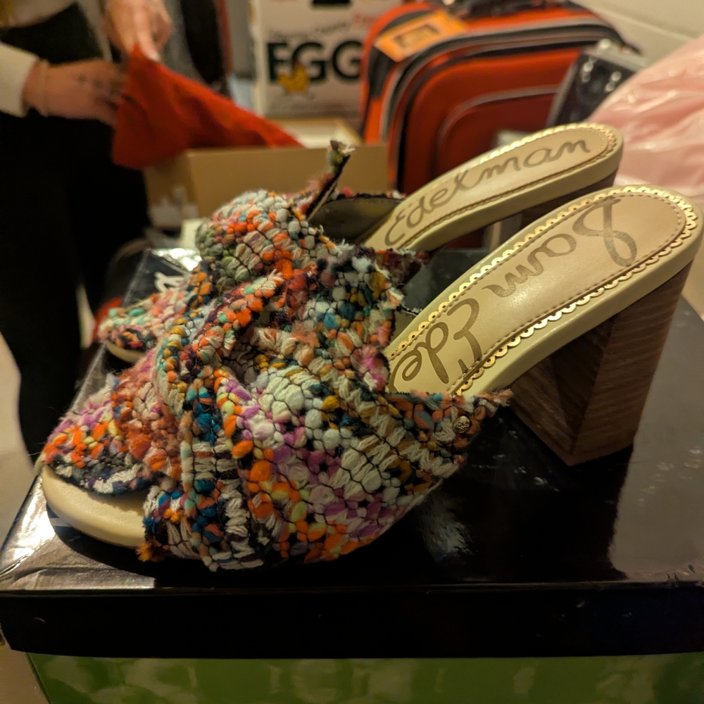 Sam Edelman Multicolor Woven Slide Mules with Coral, Teal & Purple - Picture 3 of 5